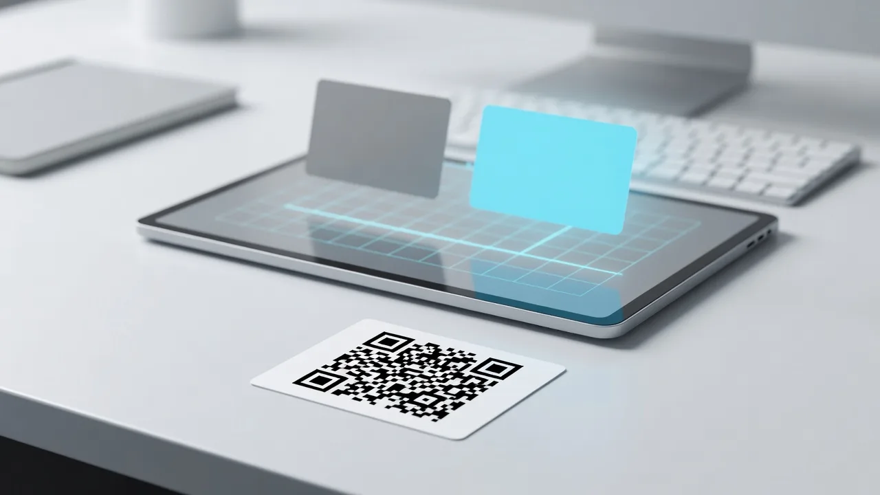 Printed QR card in front of a tablet showing two abstract destination paths