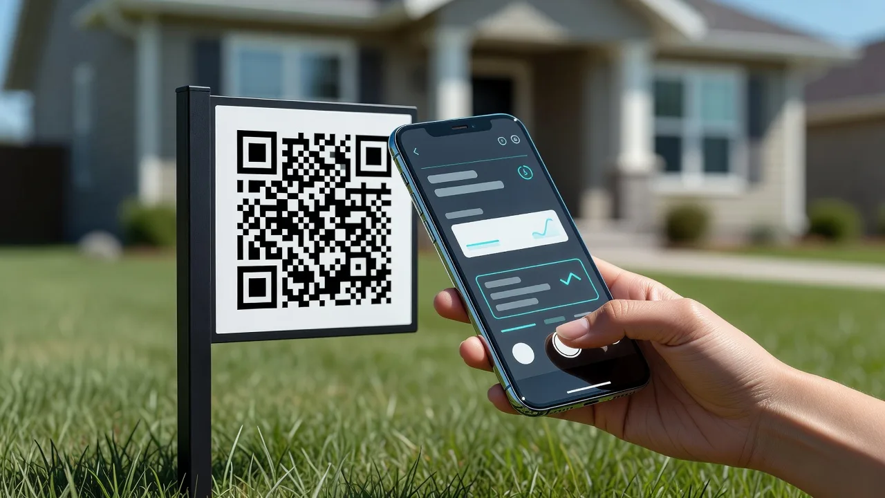 Hand holding a phone scanning a yard sign QR at the curb