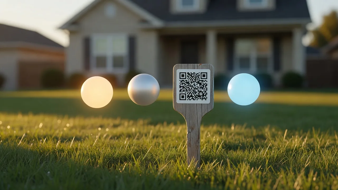 Fixed QR stake in a lawn with abstract stage orbs suggesting listing lifecycle