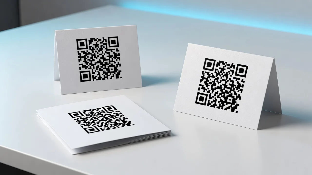 Three printed QR placements side by side on a desk