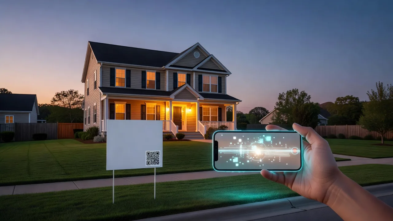 Phone scanning a yard sign QR at dusk outside a suburban listing