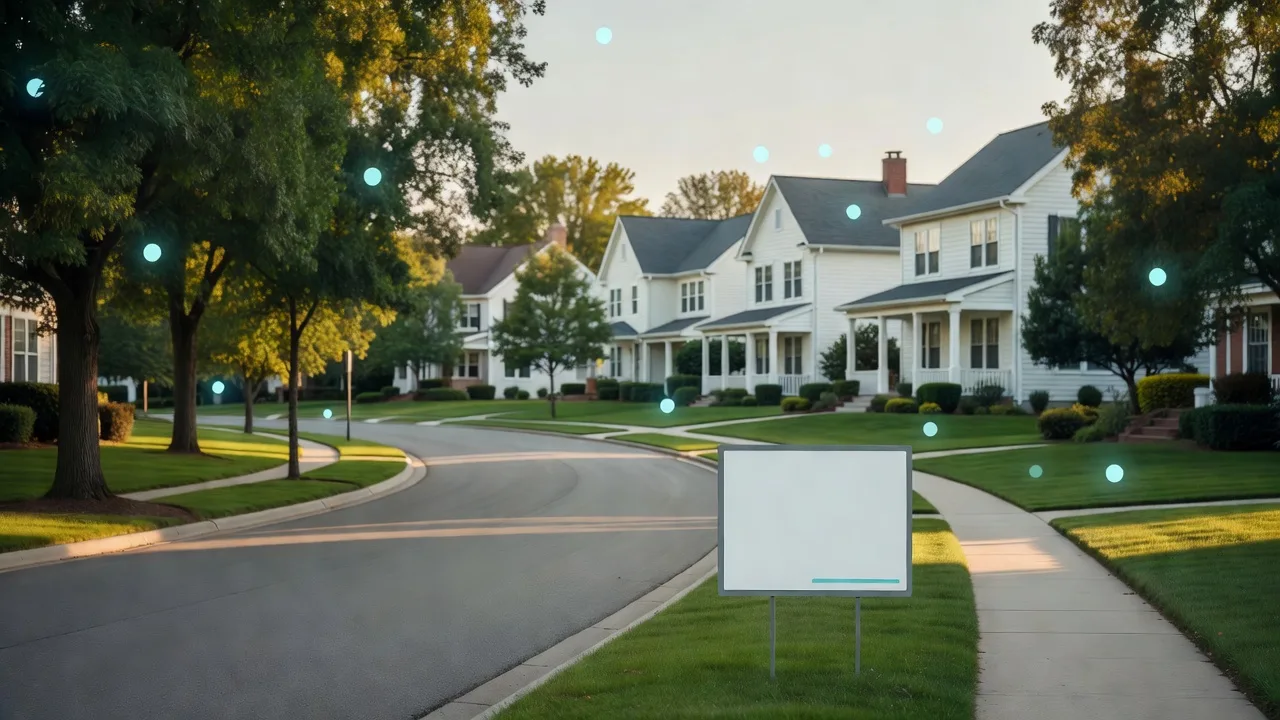 Suburban neighborhood street with abstract location markers over homes