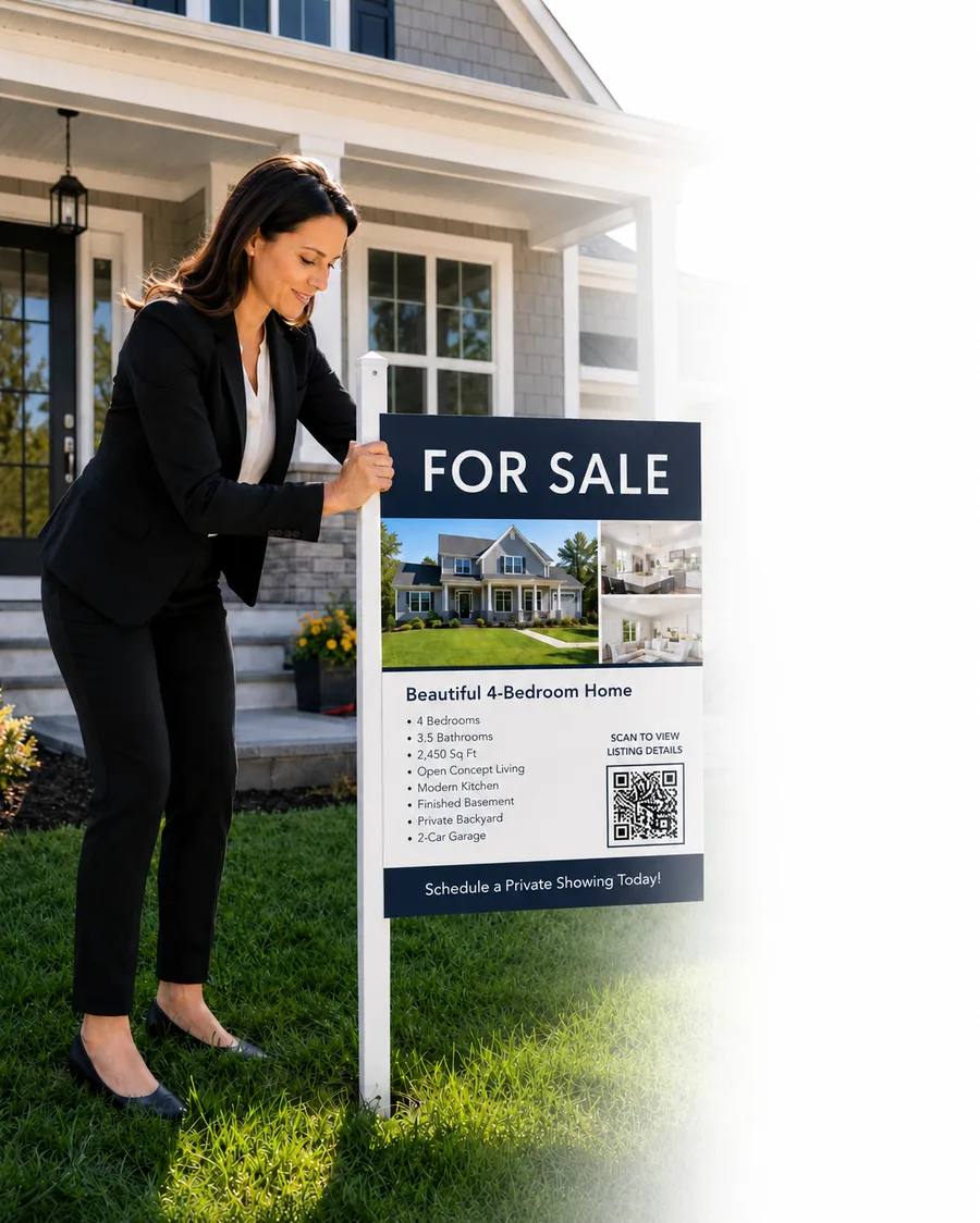Realtor placing a yard sign with a QR code outside a listed property